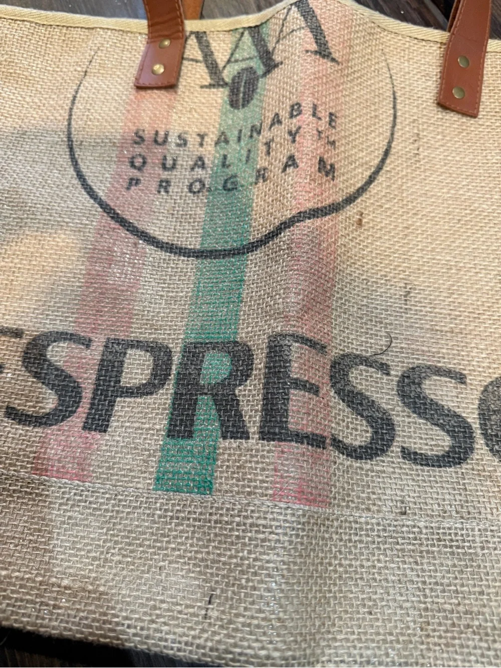 Nespresso Beige Jute Tote with Brown Leather Handles and Logo